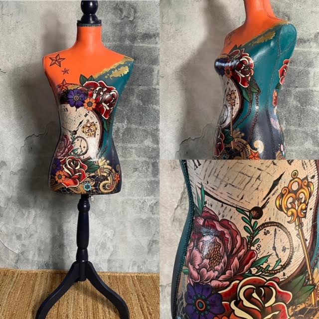 UNIQUE FABRIC HAND PAINTED DRESSMAKERS MANNEQUIN