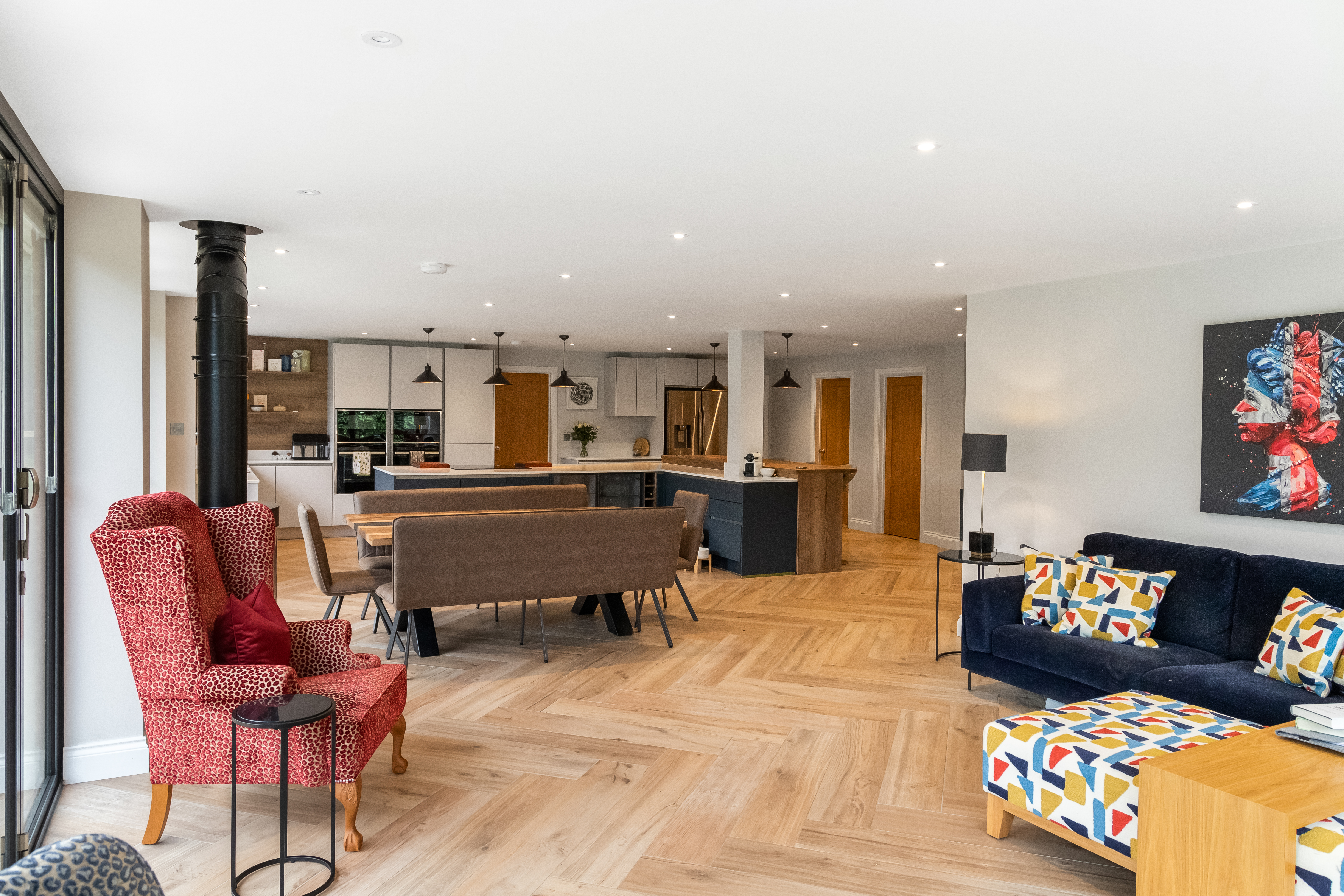 Dining area and kitchen viewed from the family area