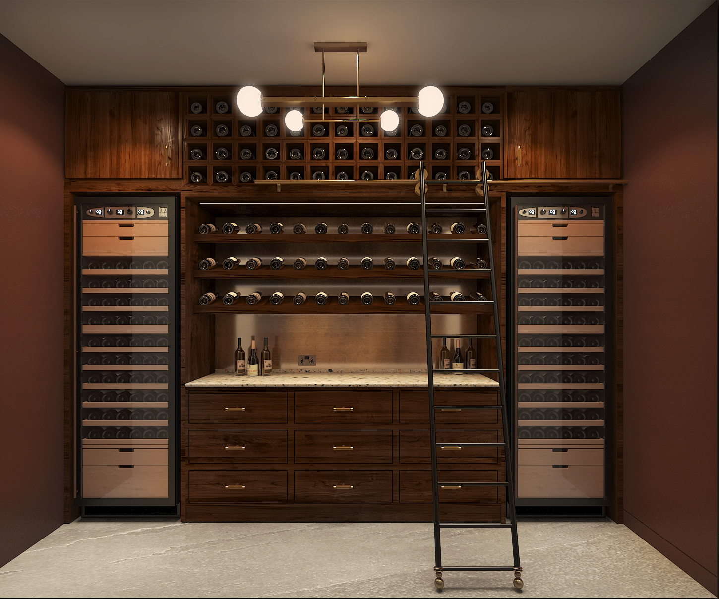 Wine room with bespoke walnut cabinets