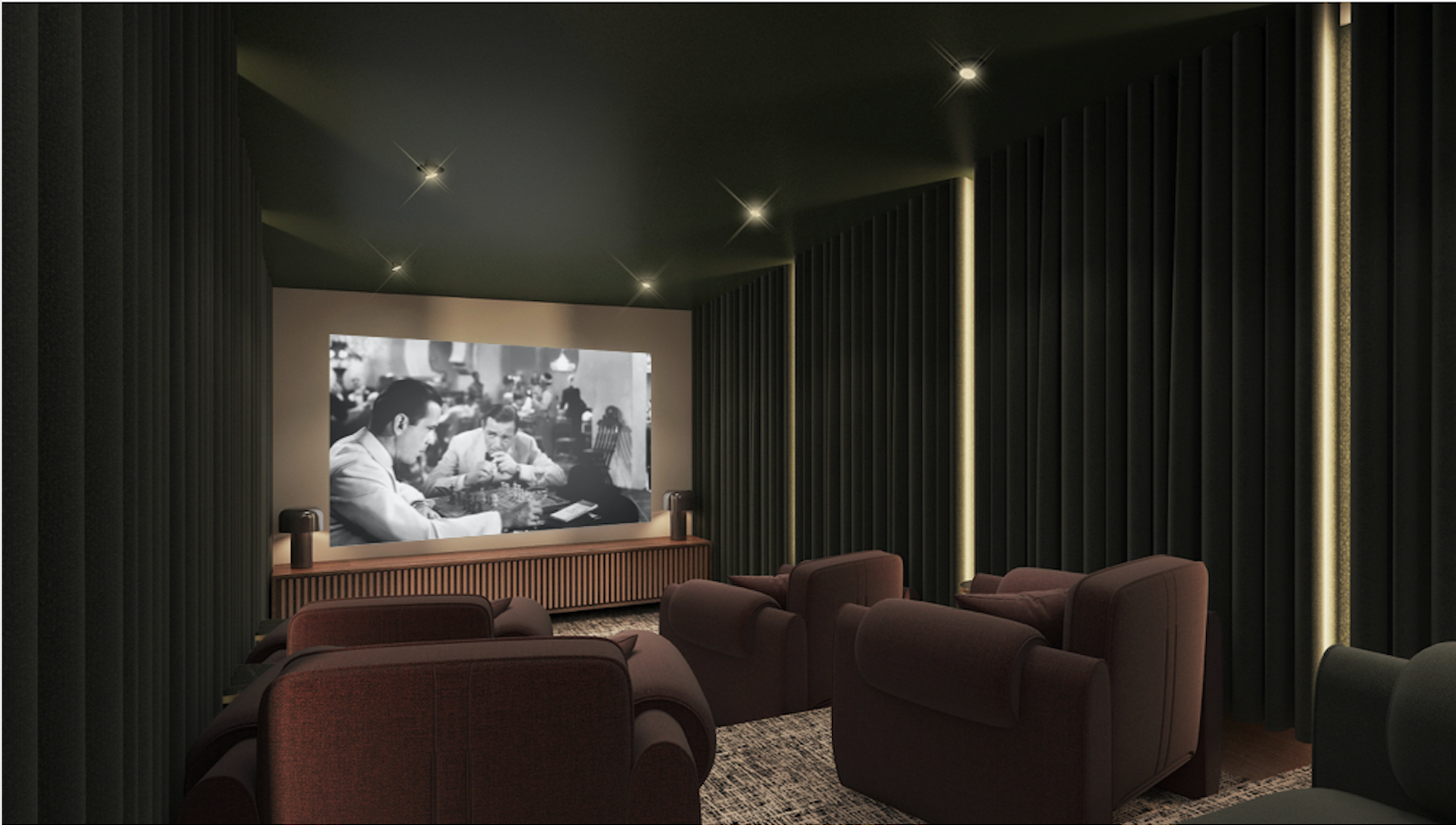 Immersive home cinema with floor to ceiling drapes