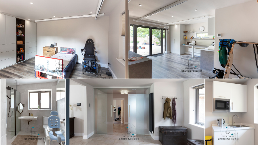 5 images showing the a wing of the house for a disabled child who needs 24h care. Bedroom with hoist, ensuite, actrivity room with hoist and bespoke cabinetary, sliding doors dividing the space and carer's breakout room.