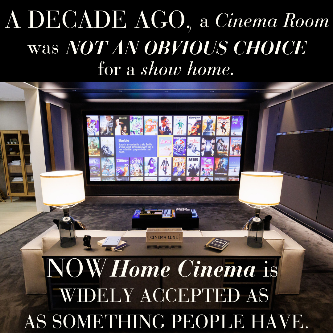 Photo of the Home Cinema Room created by Butler Harwell for Grand Designs Live 2024. A caption reads: "A decade ago,  a cinema room was not an obvious choice for a show home. Now home cinema is widely accepted as something people have."