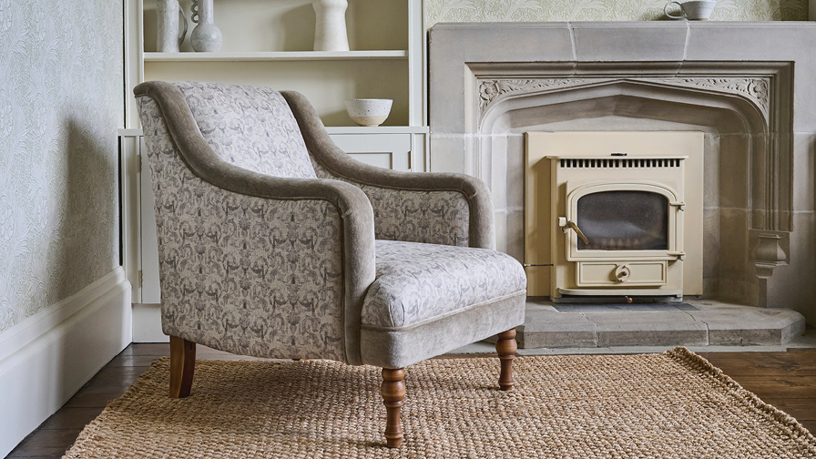 Sofas & Stuff | Rothermere chair in RHS Gertrude Jekyll Ornamental Brown with arms and front border in Mohair Mushroom