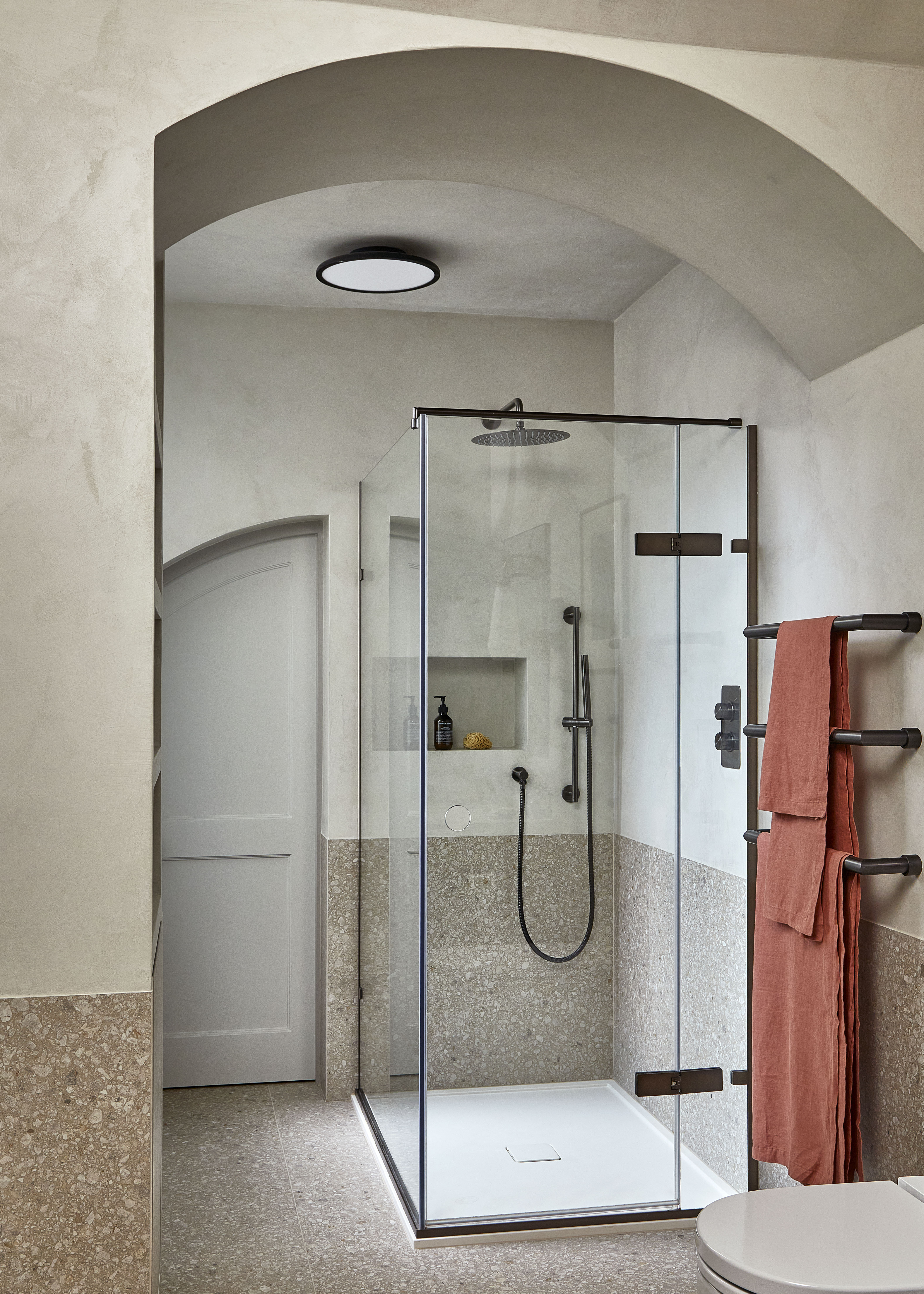 Shower room with vaulted ceiling