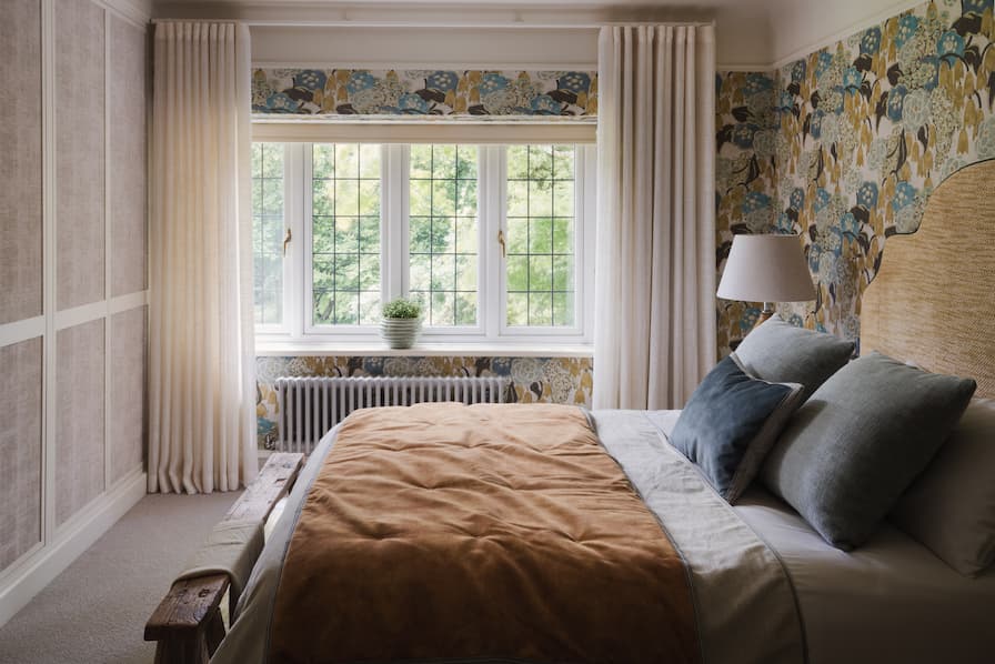 Ochre yellow and Blue Guest Bedroom with Wave Voile Curtains and Bespoke Wardrobe