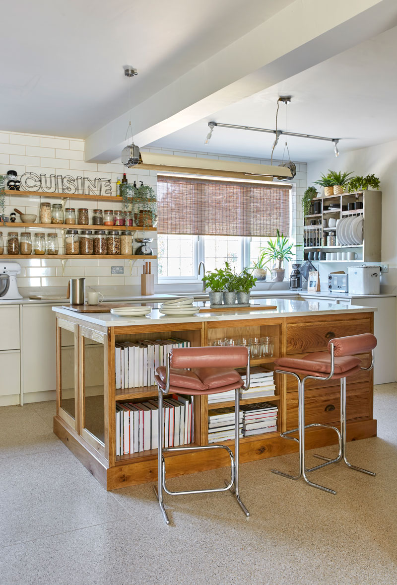 Bespoke Kitchen with oak Island unit and vintage trough lighting