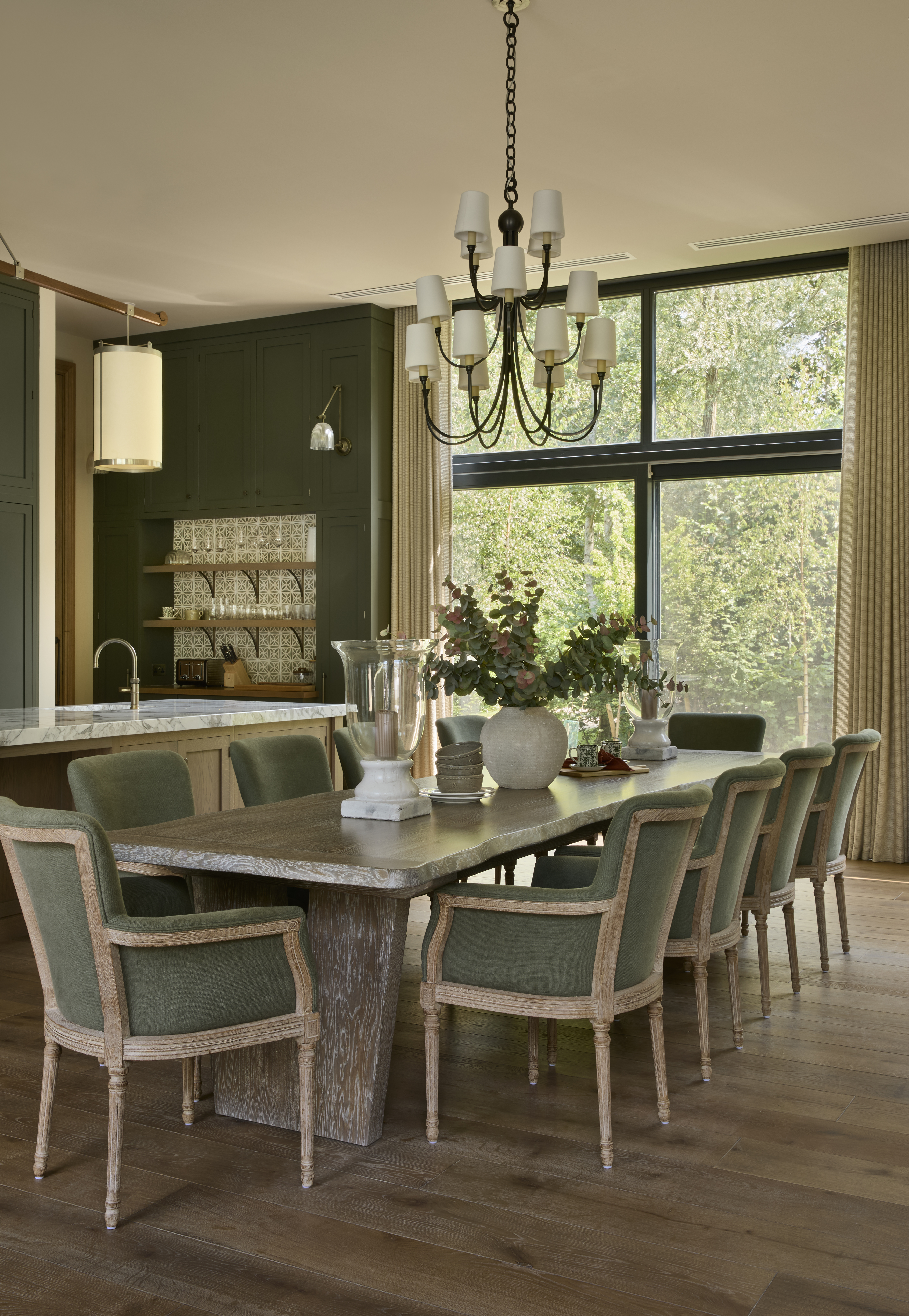 kitchen  formal dining table wood.statement lighting 