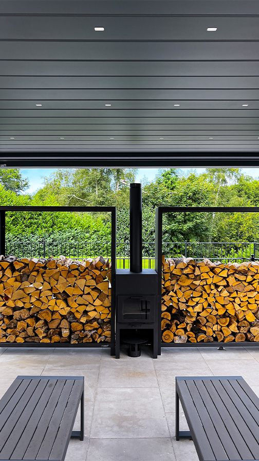 Grey Louvre Pod with log burner and log store