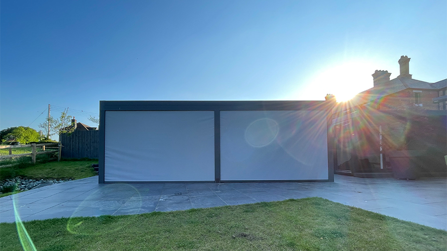 Louvred Roof pergola with glass sliding doors over a swim spa