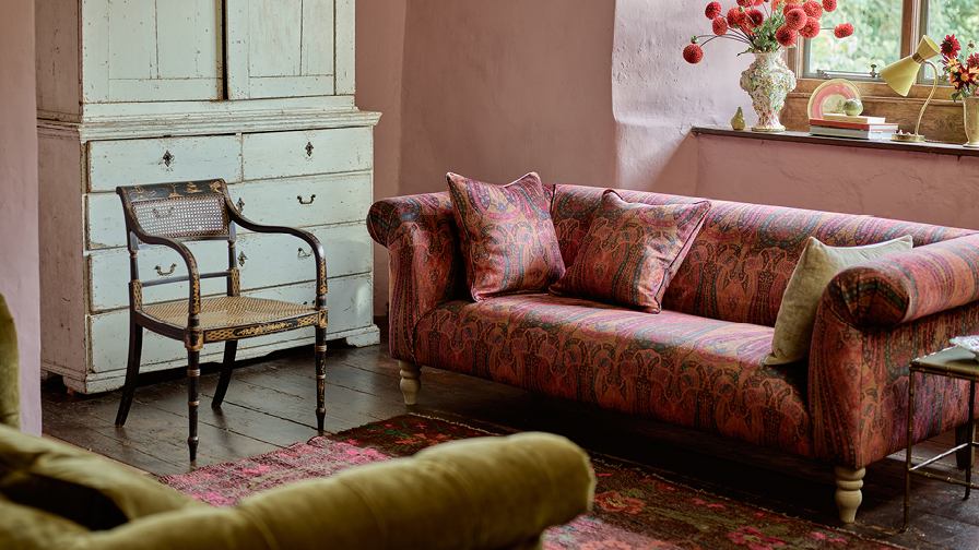 Exbury 3 Seater Sofa in Threads of India Opulent Velvets Paisley Splendour Rouge