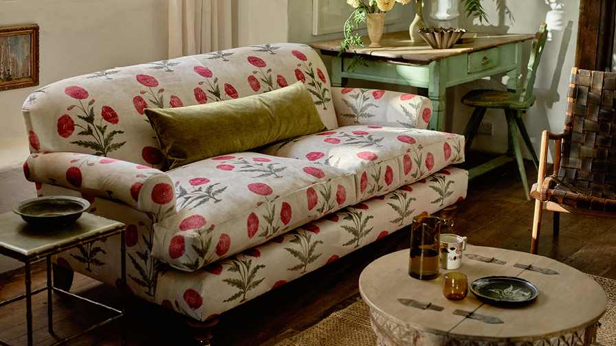 Hampton 3 Seater Sofa in V&A Threads of India Opulent Velvets Regal Poppy Chalk