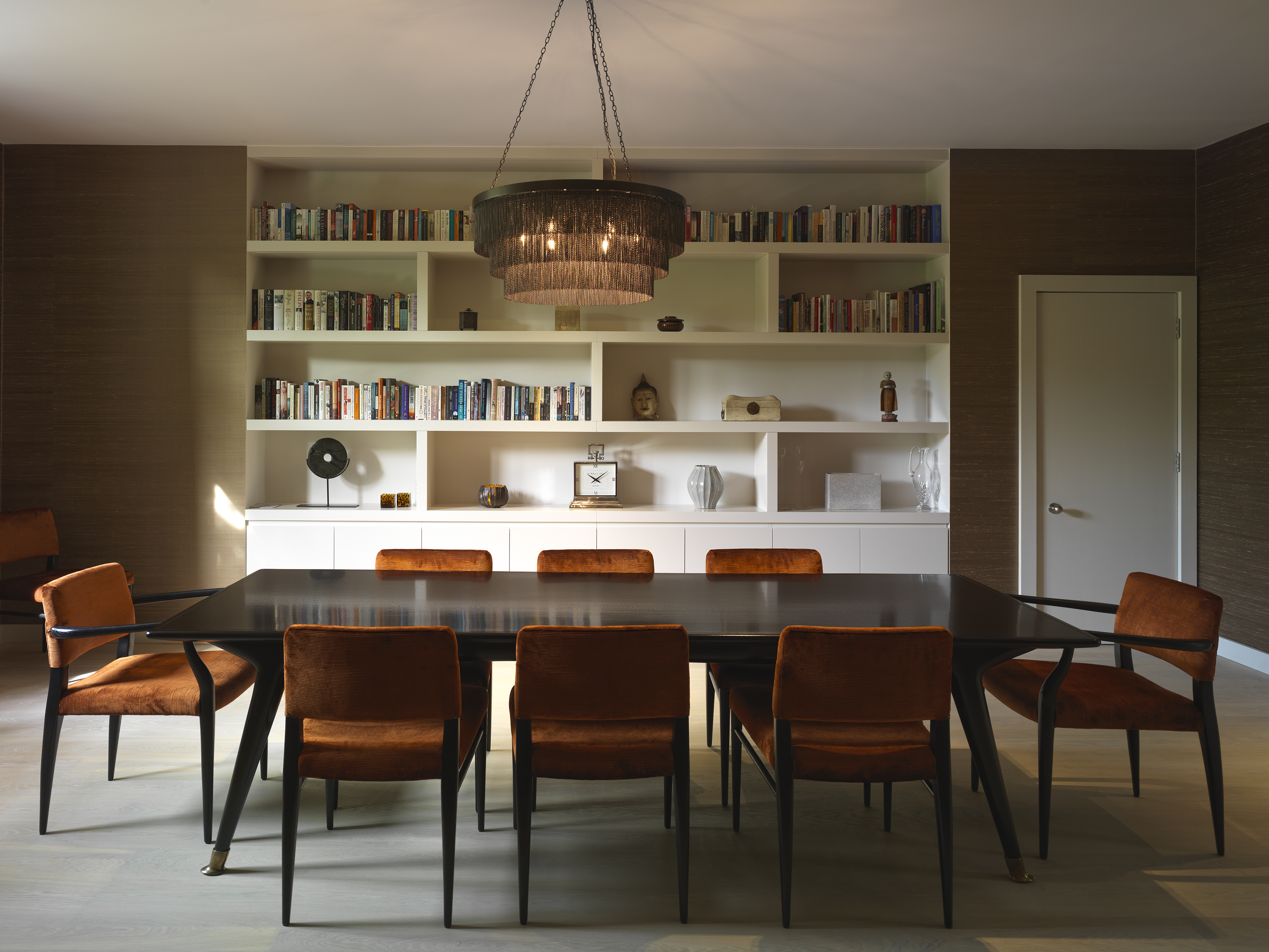 Dining Room- silk papered walls, tobacco colour, ebonised furniture, burnt orange corduroy fabric