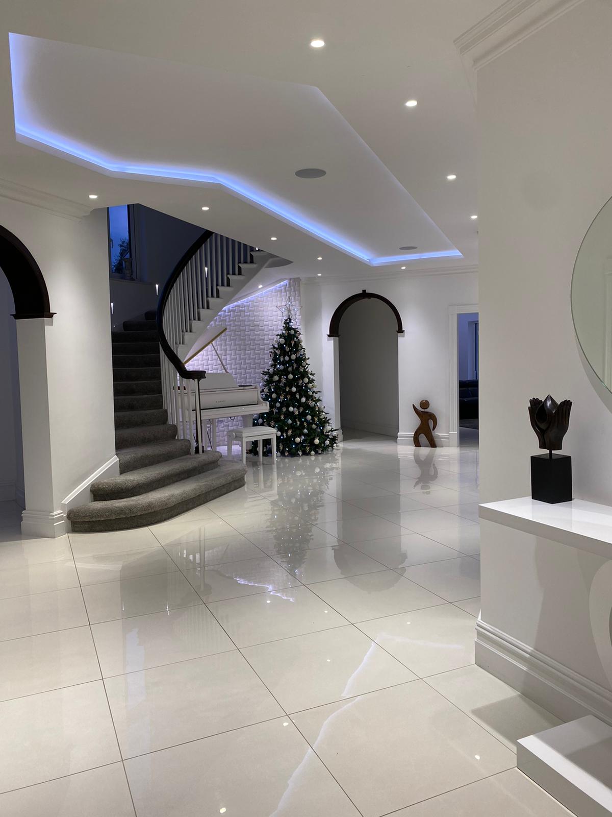 The hallway at Christmas, with tree and piano.