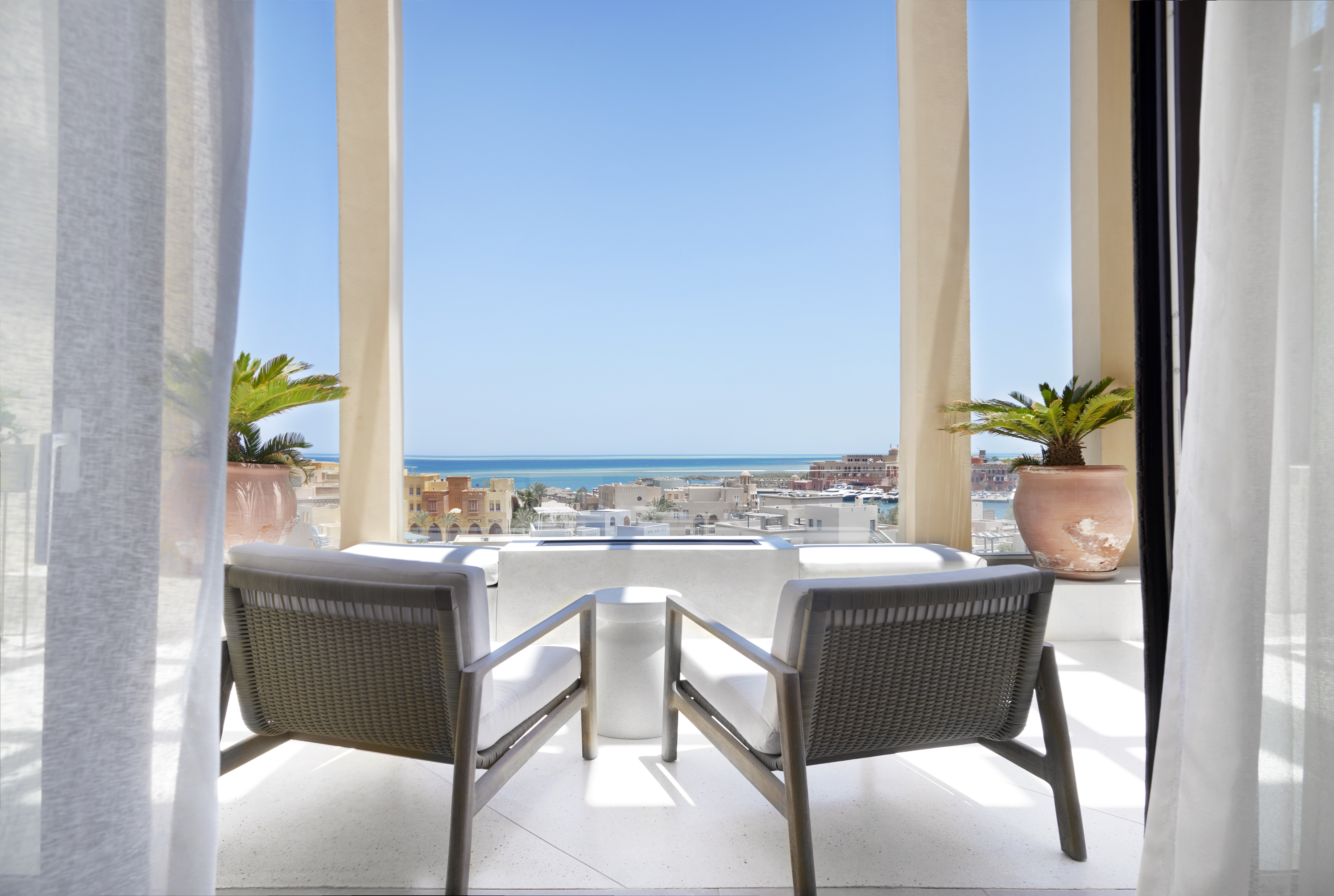 Balcony with fireplace, view of Red Sea