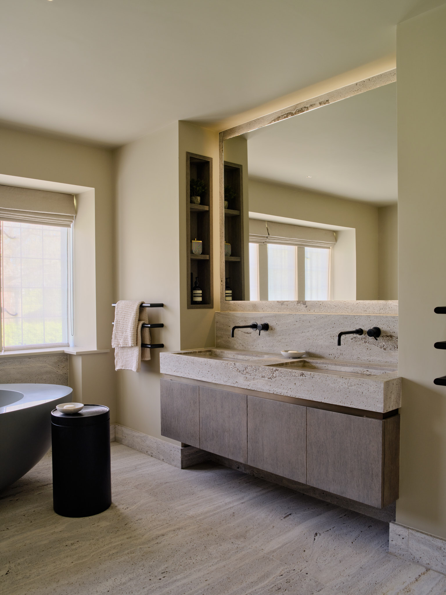 Double vanity unit in grey stained sandblasted oak with 