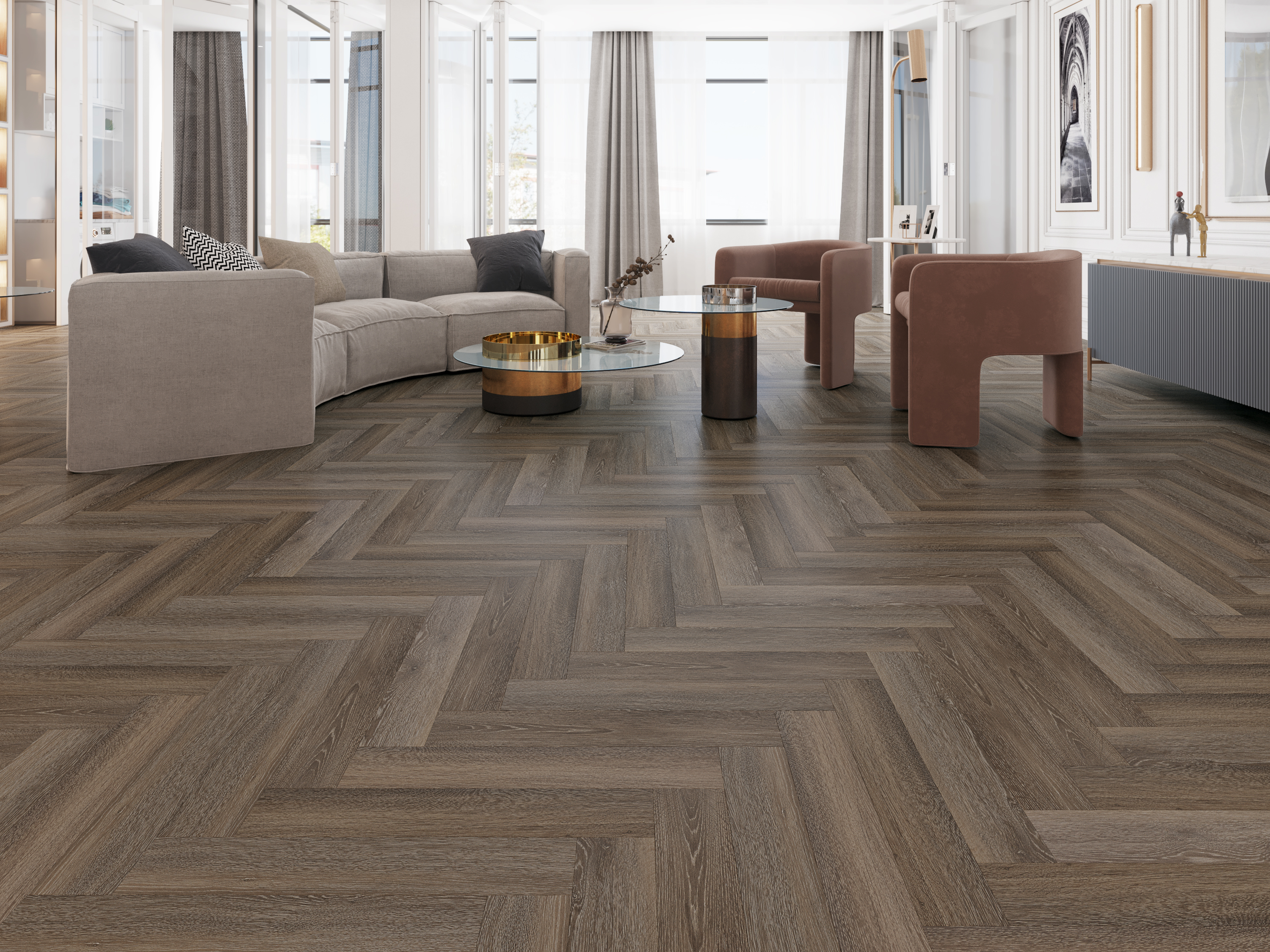 Impervia Herringbone Parquet flooring Cobble Grey Oak 