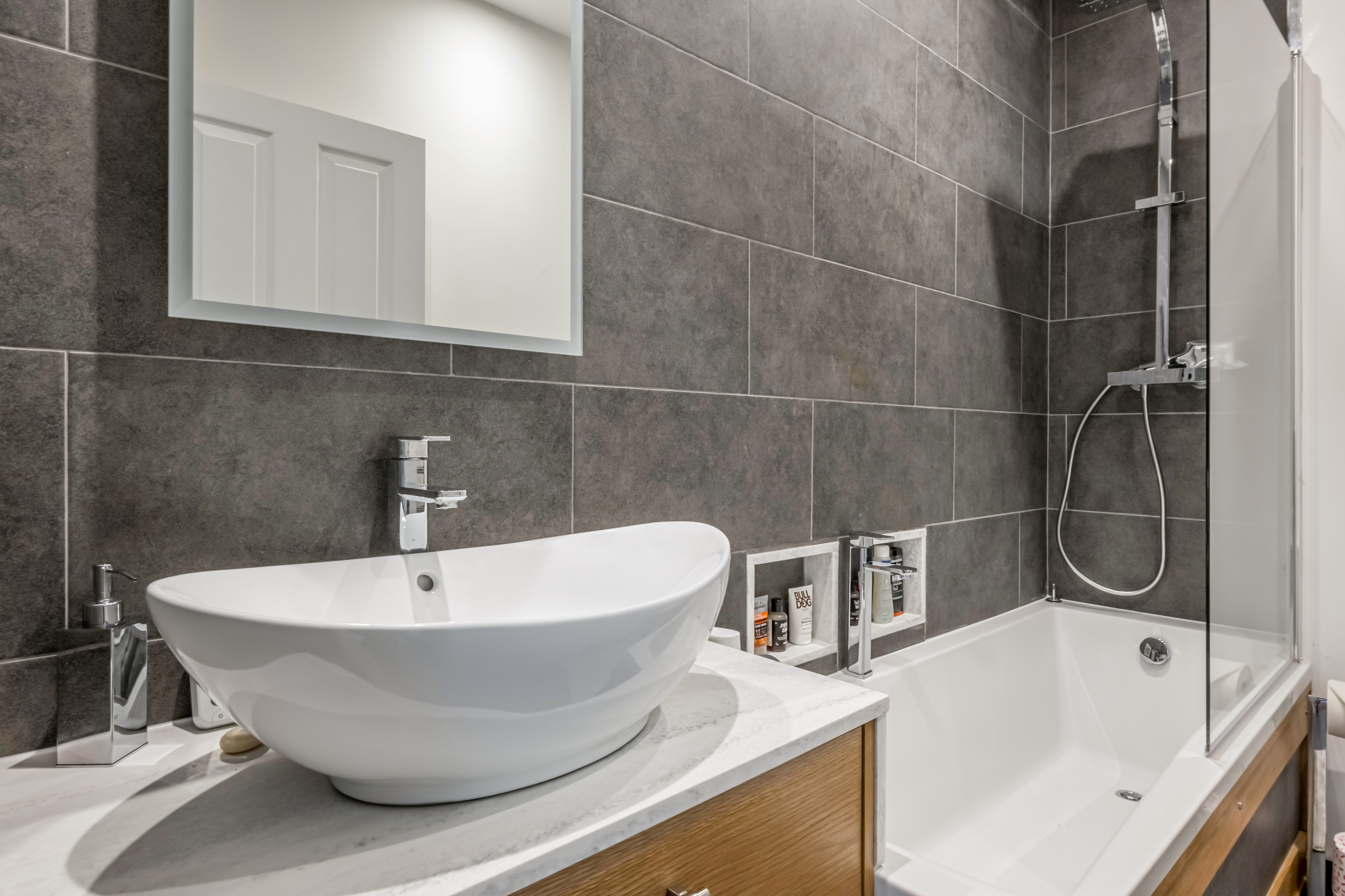 grey and oak bathroom