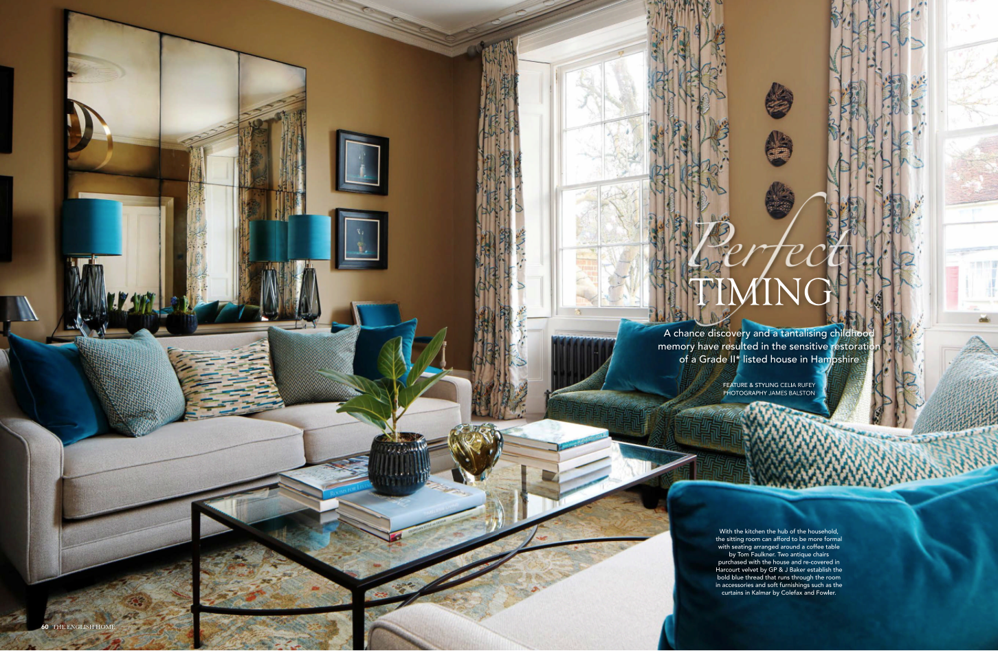 Sitting room in a Georgian home, with a teal and tobacco colour scheme