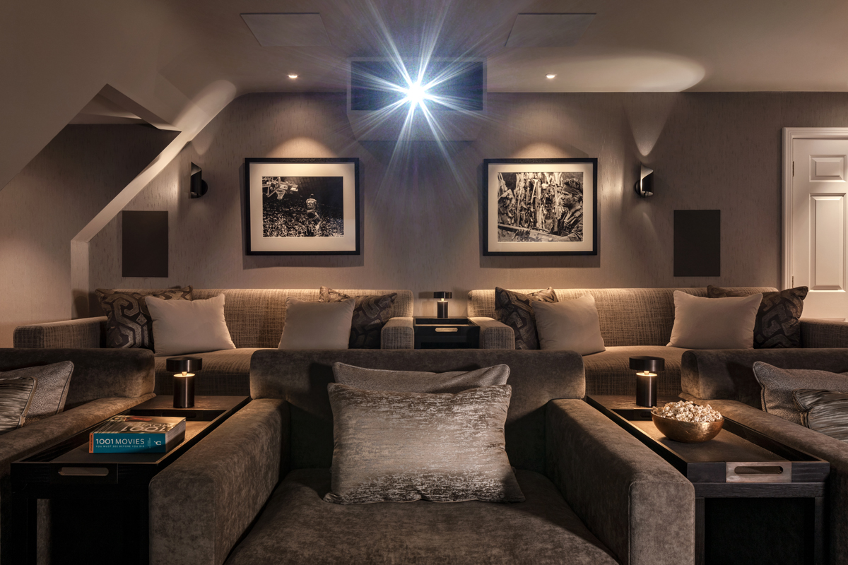 Luxury interior design in a home cinema in Surrey. 