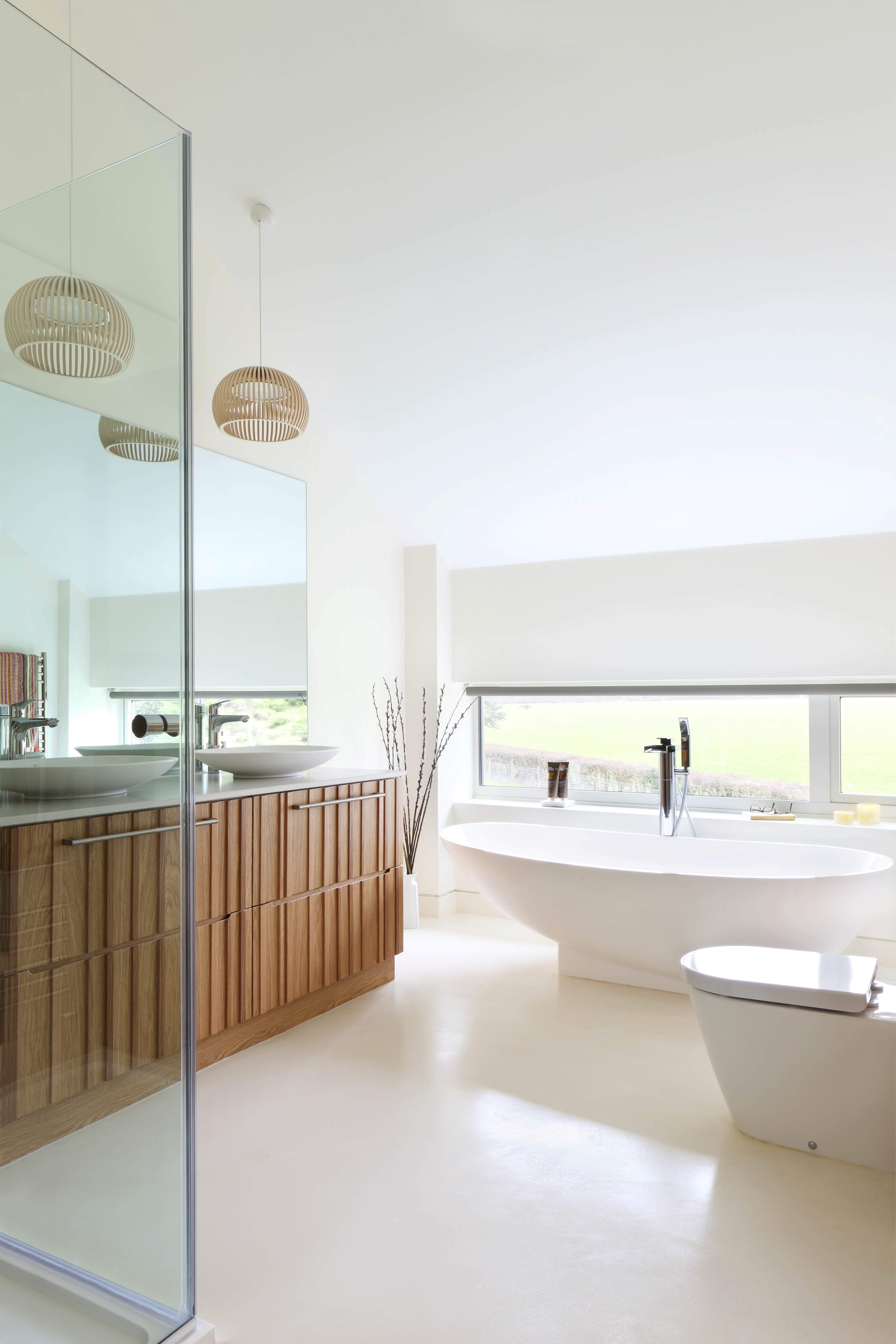 Master bedroom; freestanding bath; egg bath; Secto Atto lights; bespoke bathroom cabinet