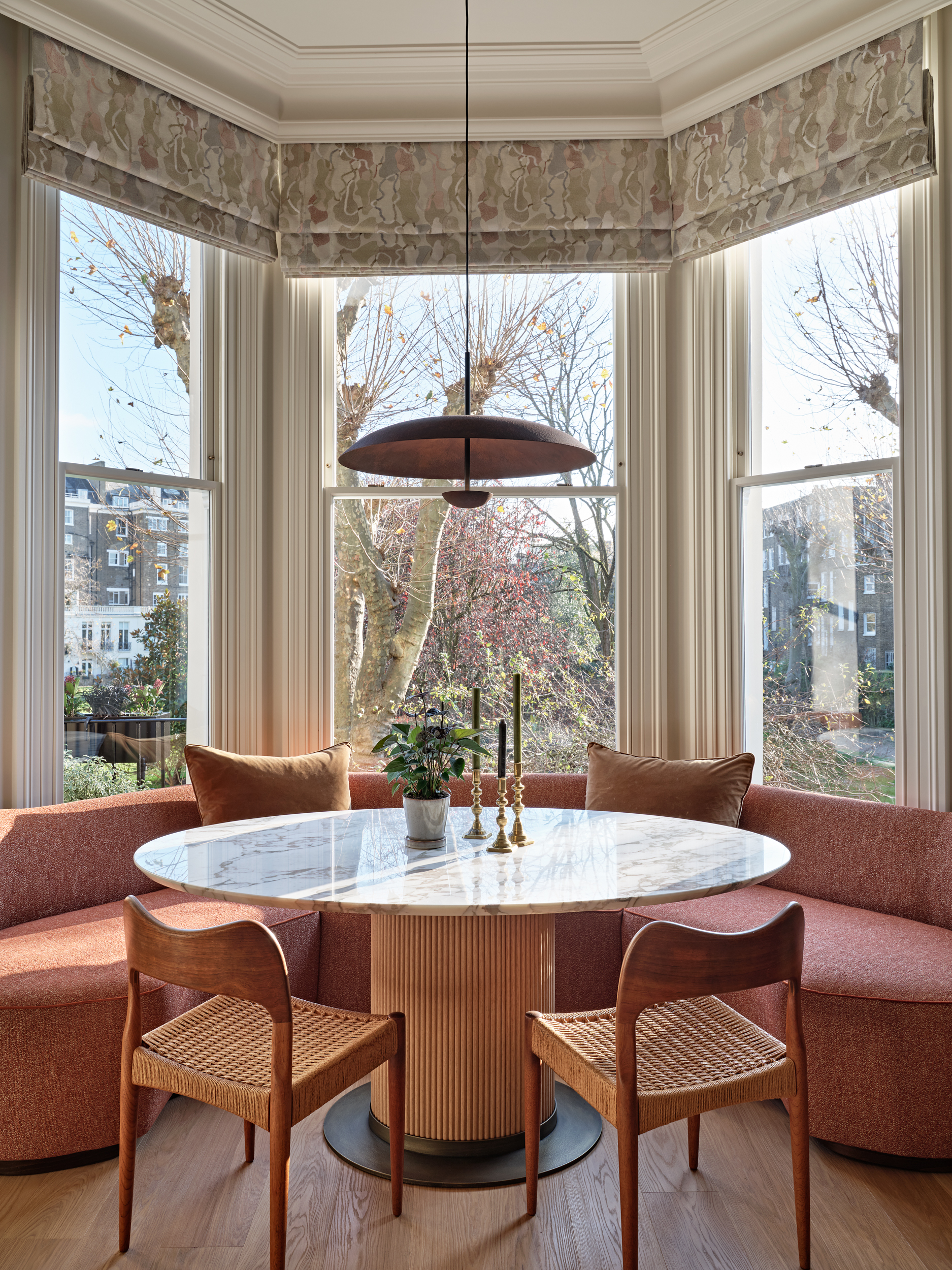 Banquette seating in a bay window.