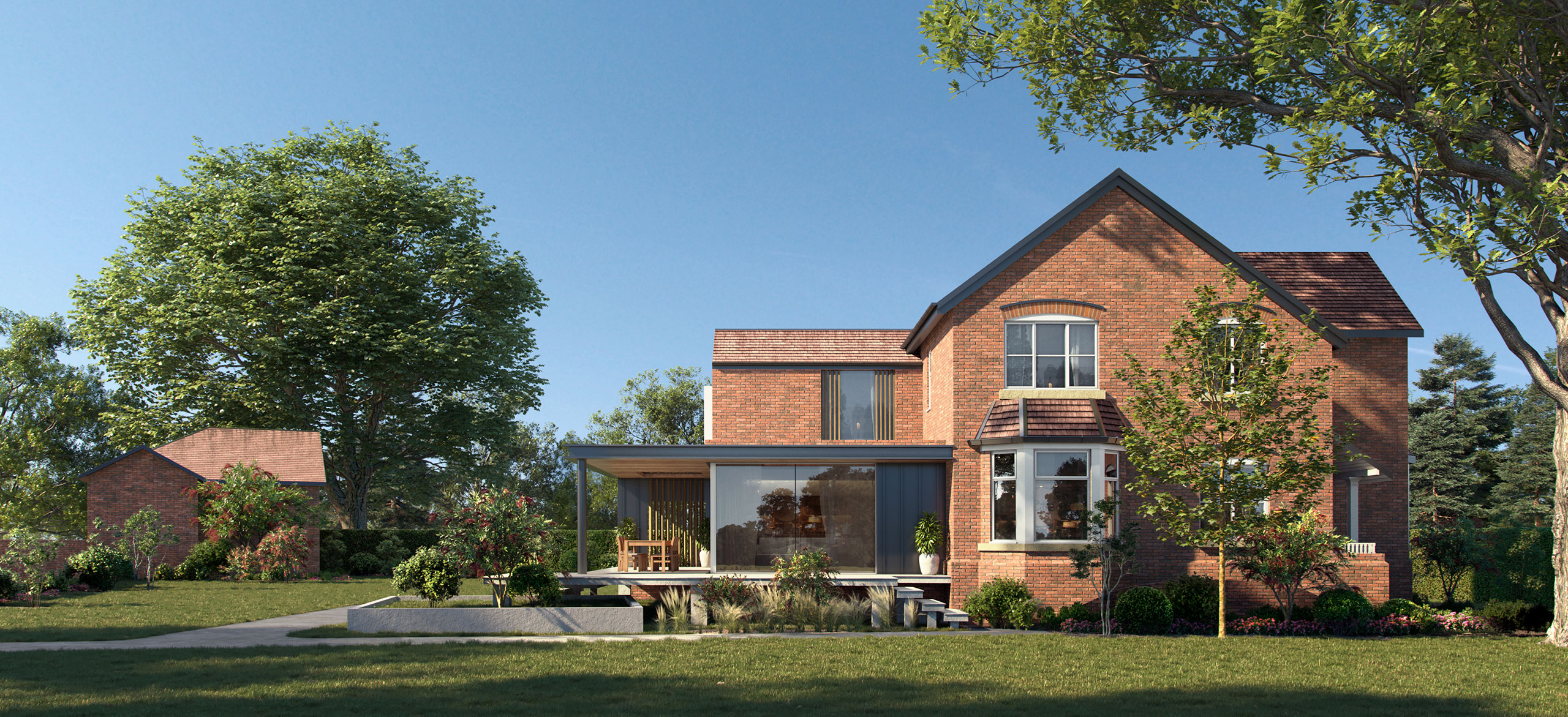 A single storey extension and landscaping to a period property - day time shot. 