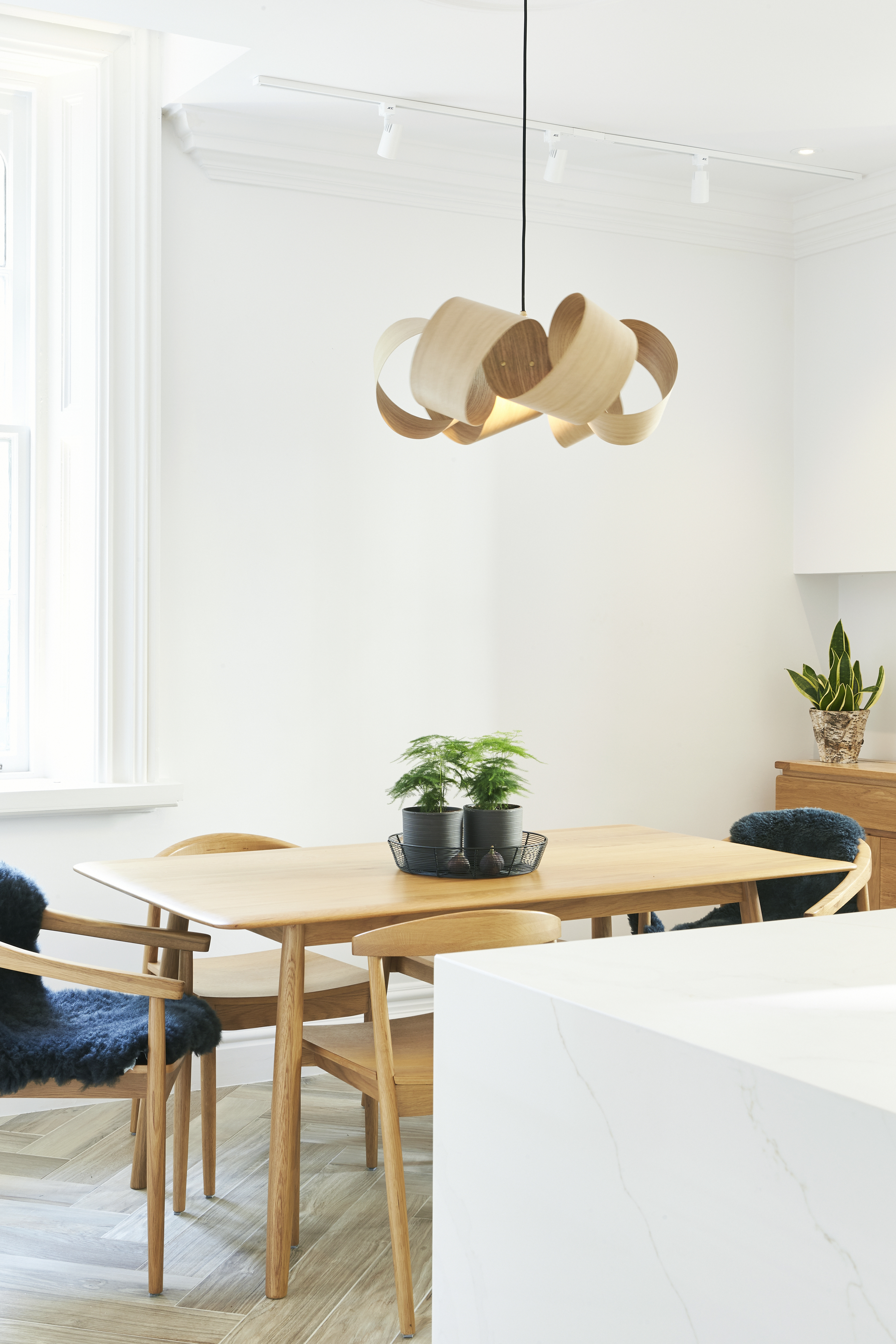 Open plan kitchen dining white with natural oak