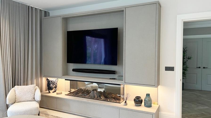 lounge bespoke media unit with integrated fireplace