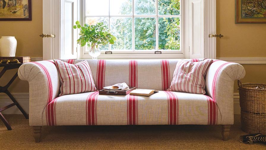 Sofas & Stuff | Exbury 3 seater sofa in Ganton Woven Linen Stripe Red with Scatters in Carthorpe and Hovingham Woven Linen Stripe Red