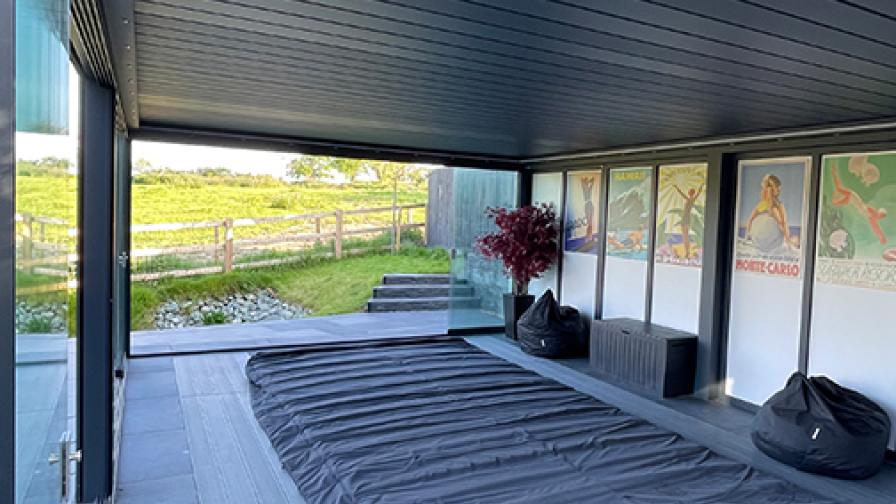 Louvred Roof pergola with glass sliding doors over a swim spa