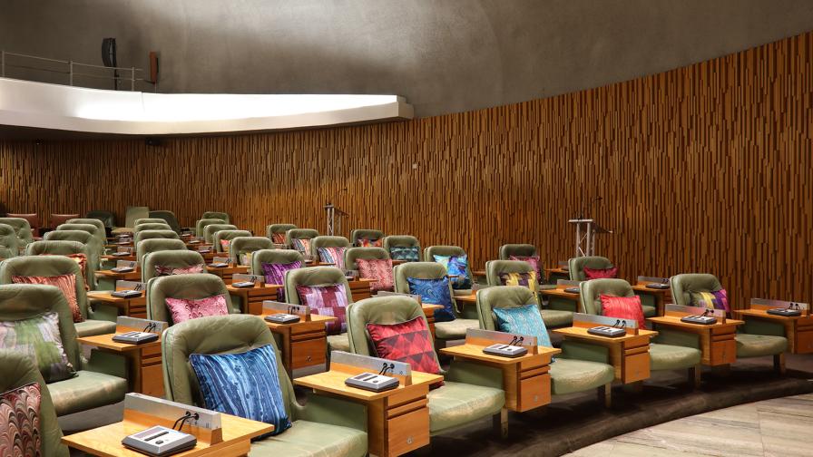 Circular council chamber at Newcastle Civic Centre with Susi Bellamy's cushions on every seat.