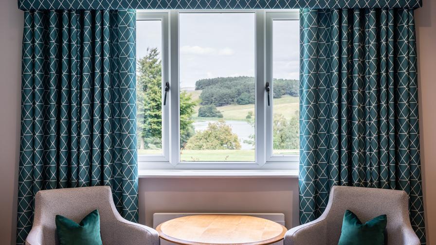 Printed Curtains Frame the view at the Coniston Hotel