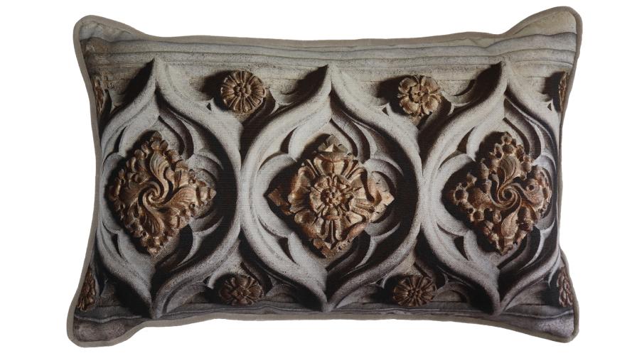 Cushion with image of details of a Tudor fireplace