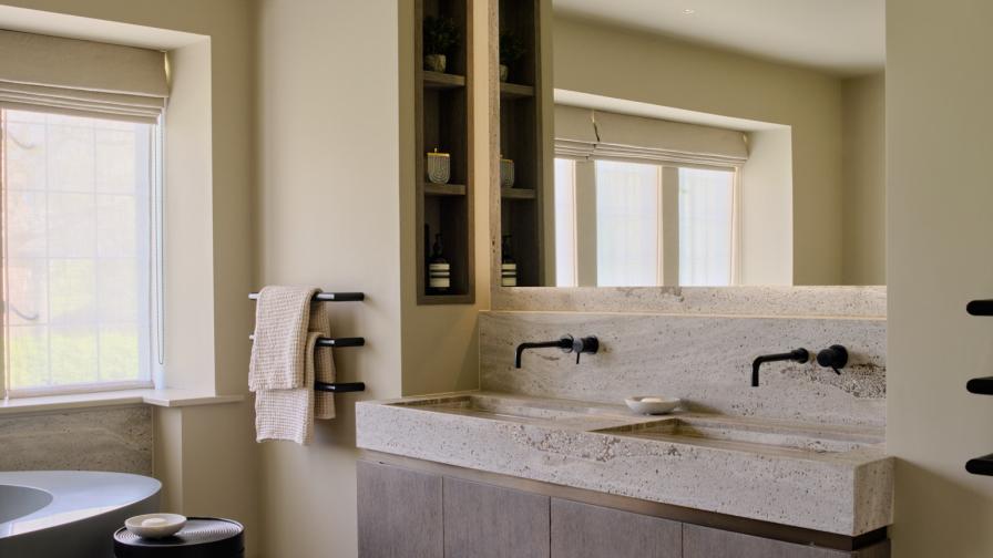 Double vanity unit in grey stained sandblasted oak with 