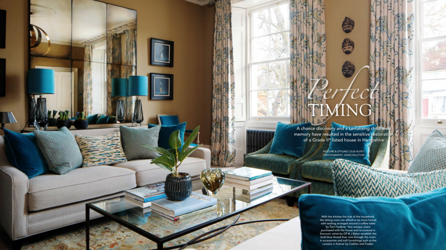 Sitting room in a Georgian home, with a teal and tobacco colour scheme