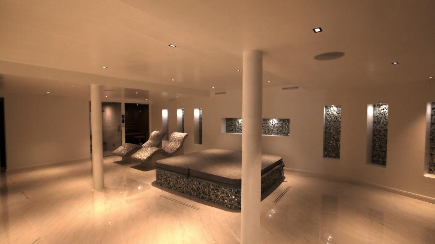 Spa and pool area with in-ceiling speakers and mood lighting.