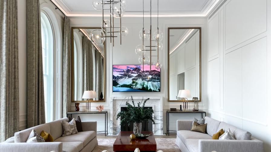 A luxury living room in Regents Park Crescent featuring a Control4 System, Lutron lighting control and a Sony TV.