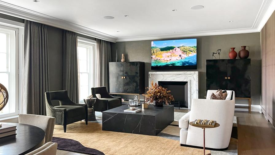 Lutron Lighting and Crestron Control System in a luxury living room in Regents Crescent. 