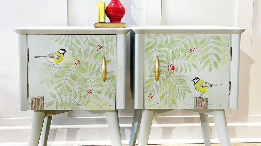 Pair of Bedsides Featuring Hand-Painted Garden Birds 