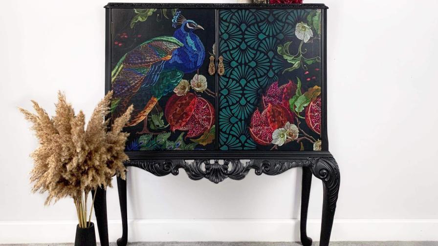 Vintage Cabinet Featuring Peacock Motif 