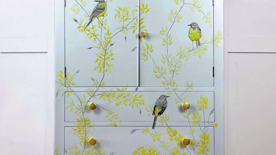 Vintage Linen Cabinet with Hand-Painted Garden Birds Motif 