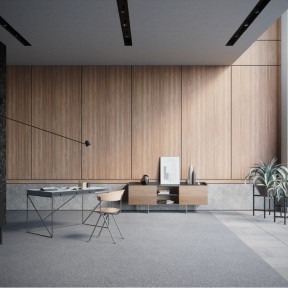 A modern, minimalist office with a sleek metal desk, wooden chair, light wood panel walls, large window, black marble accent wall, and potted plants.